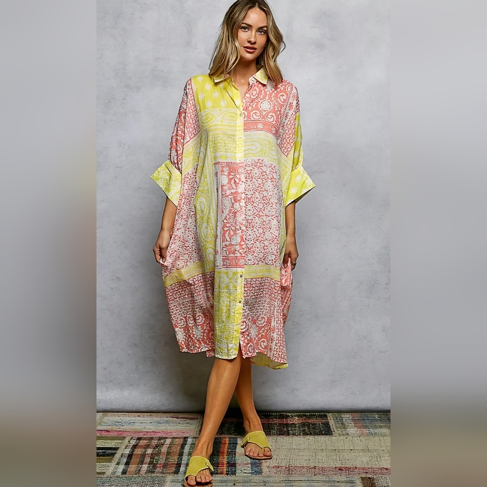POL Yellow and Pink Patchwork Midi Dress